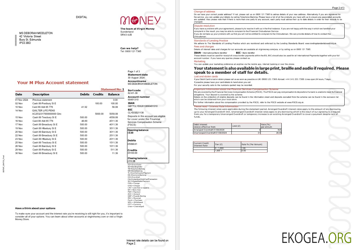 Relevé Virgin Money du Royaume Uni, 3 pages